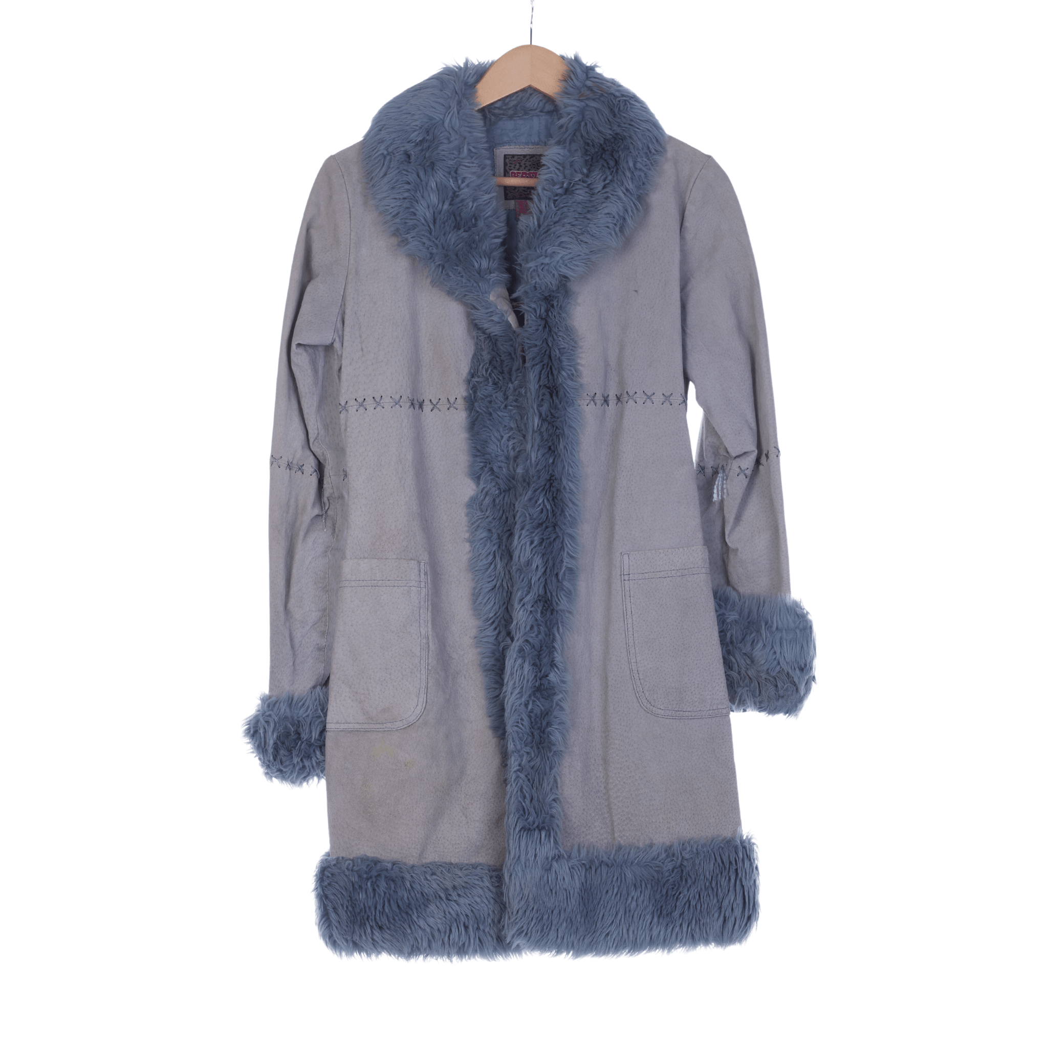 Bershka Leather Faux Fur Collared Grey Long Sleeved Coat UK Size