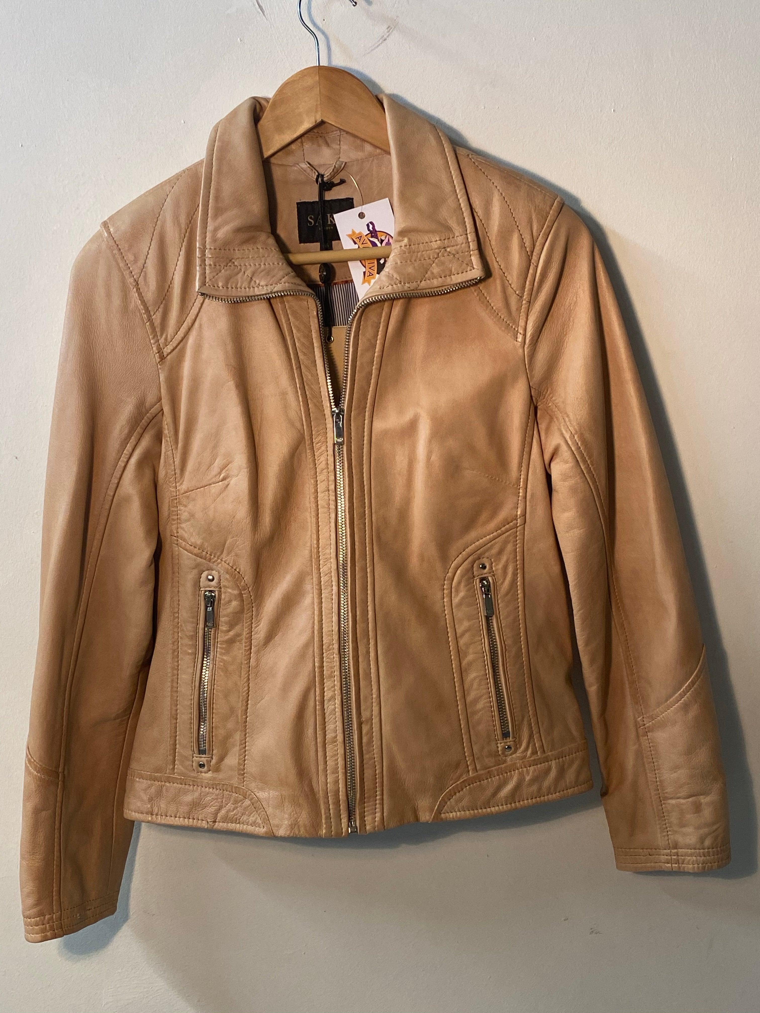Saki Sweden "Gella" Biker Jacket Beige Leather Size 36 (UK10) BNWT Ava & Iva