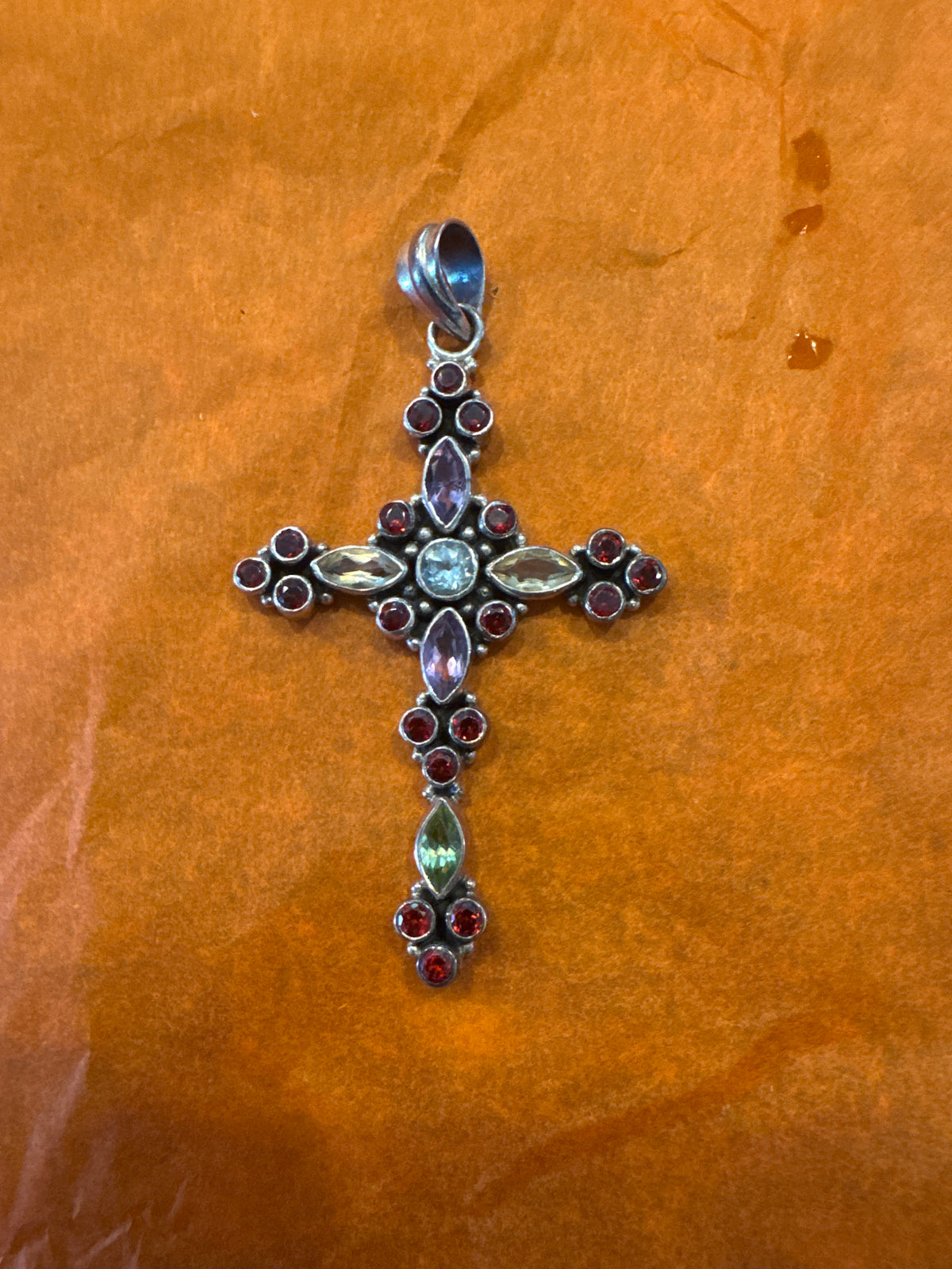 Silver Cross pendant with garnet citrine peridot and amethyst