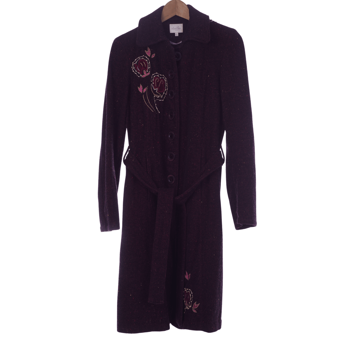 Whistles Burgundy Wool/Cotton Mix Coat with Floral Embellishment UK Size 8 - Ava & Iva