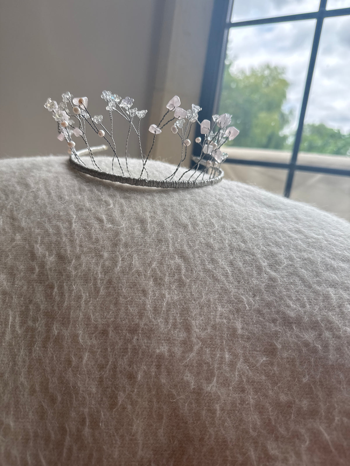 Wedding Tiara Rose Quartz Flowers and Pearls.