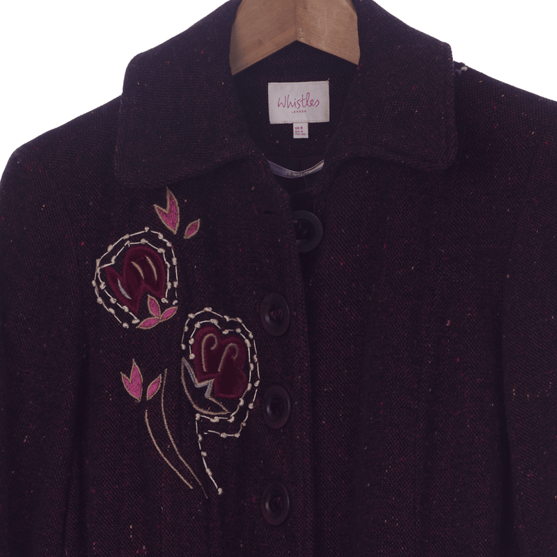 Whistles Burgundy Wool/Cotton Mix Coat with Floral Embellishment UK Size 8 - Ava & Iva