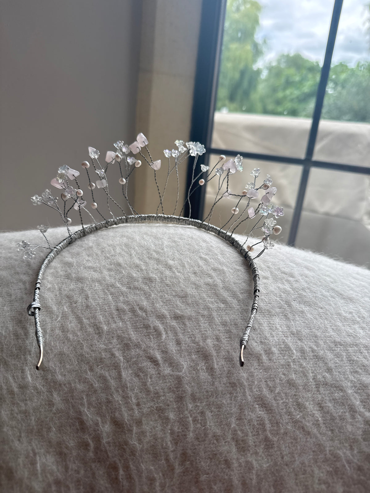 Wedding Tiara Rose Quartz Flowers and Pearls.