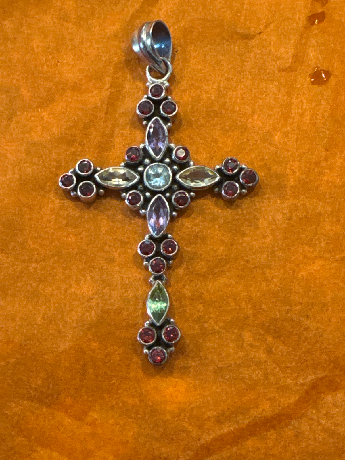 Silver Cross pendant with garnet citrine peridot and amethyst