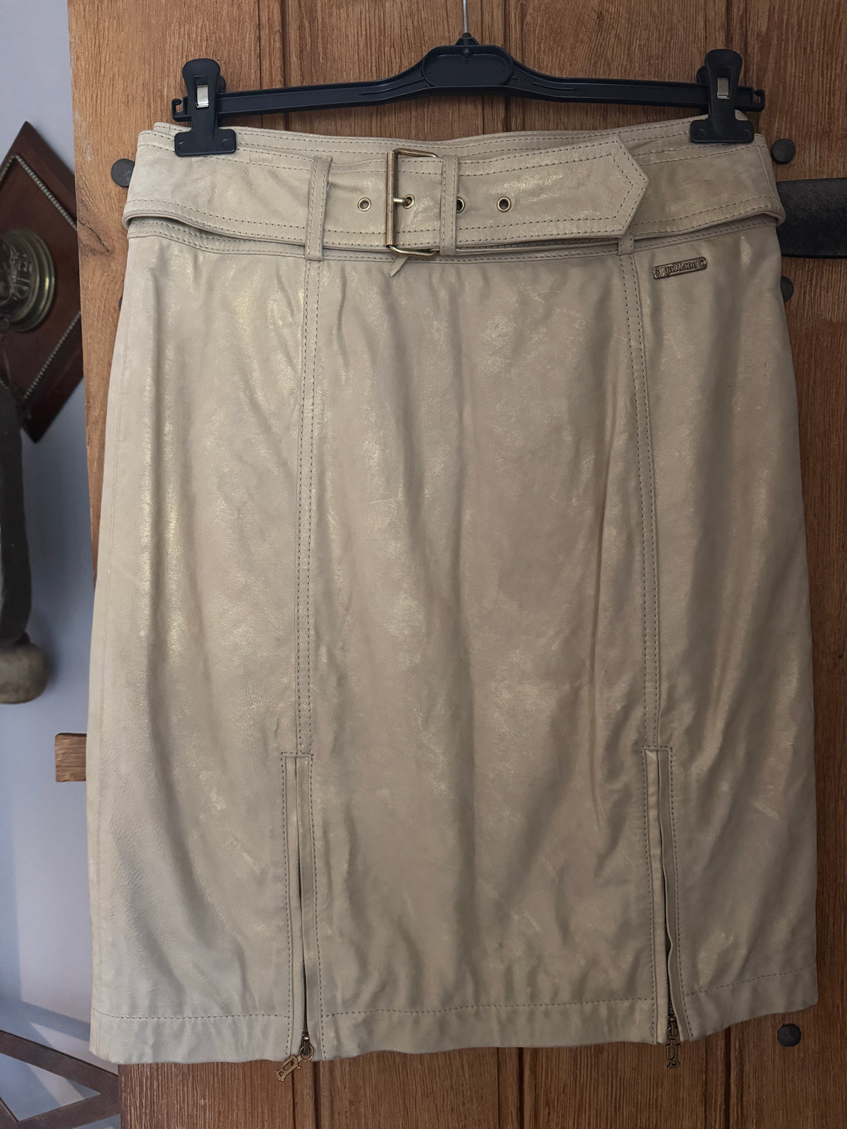 New Galliano Gold Leather Belted Skirt Size 14