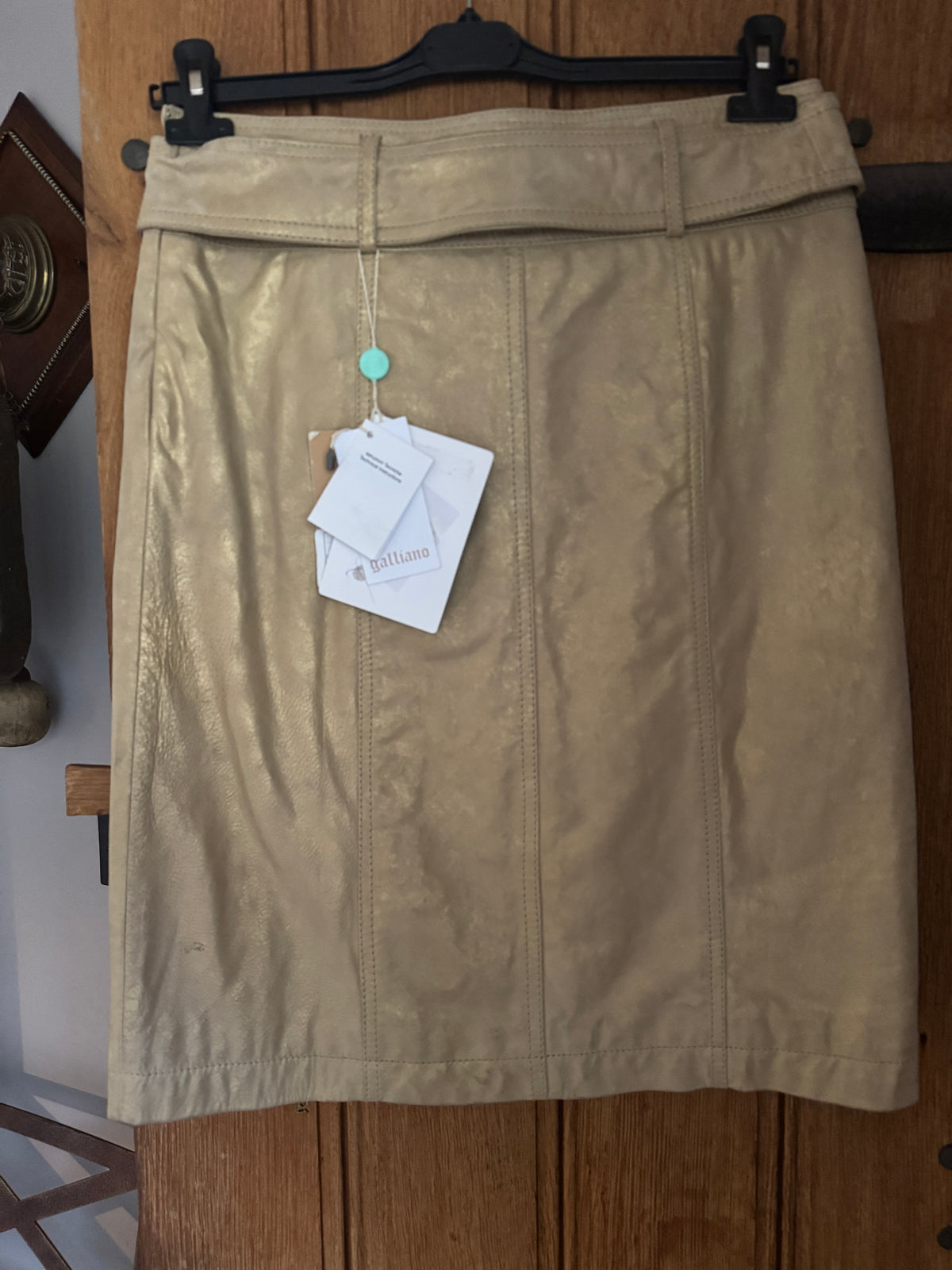 New Galliano Gold Leather Belted Skirt Size 14