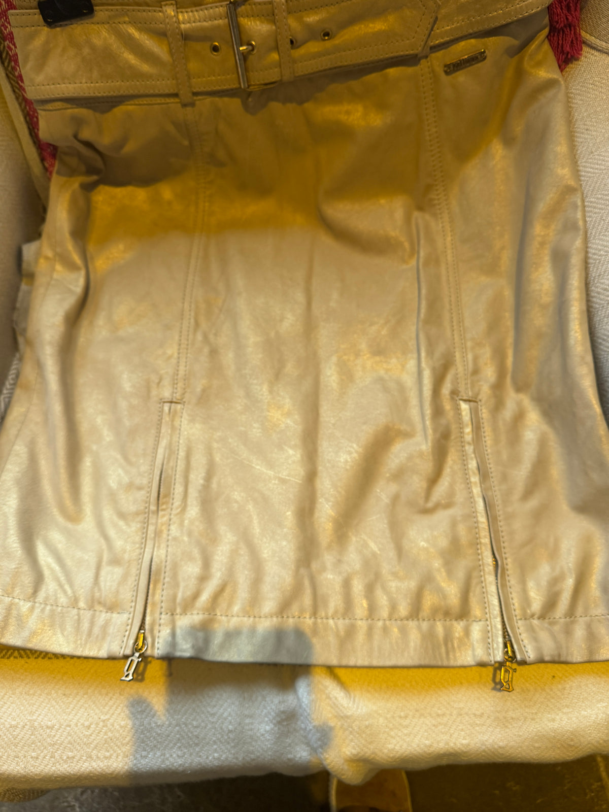 New Galliano Gold Leather Belted Skirt Size 14