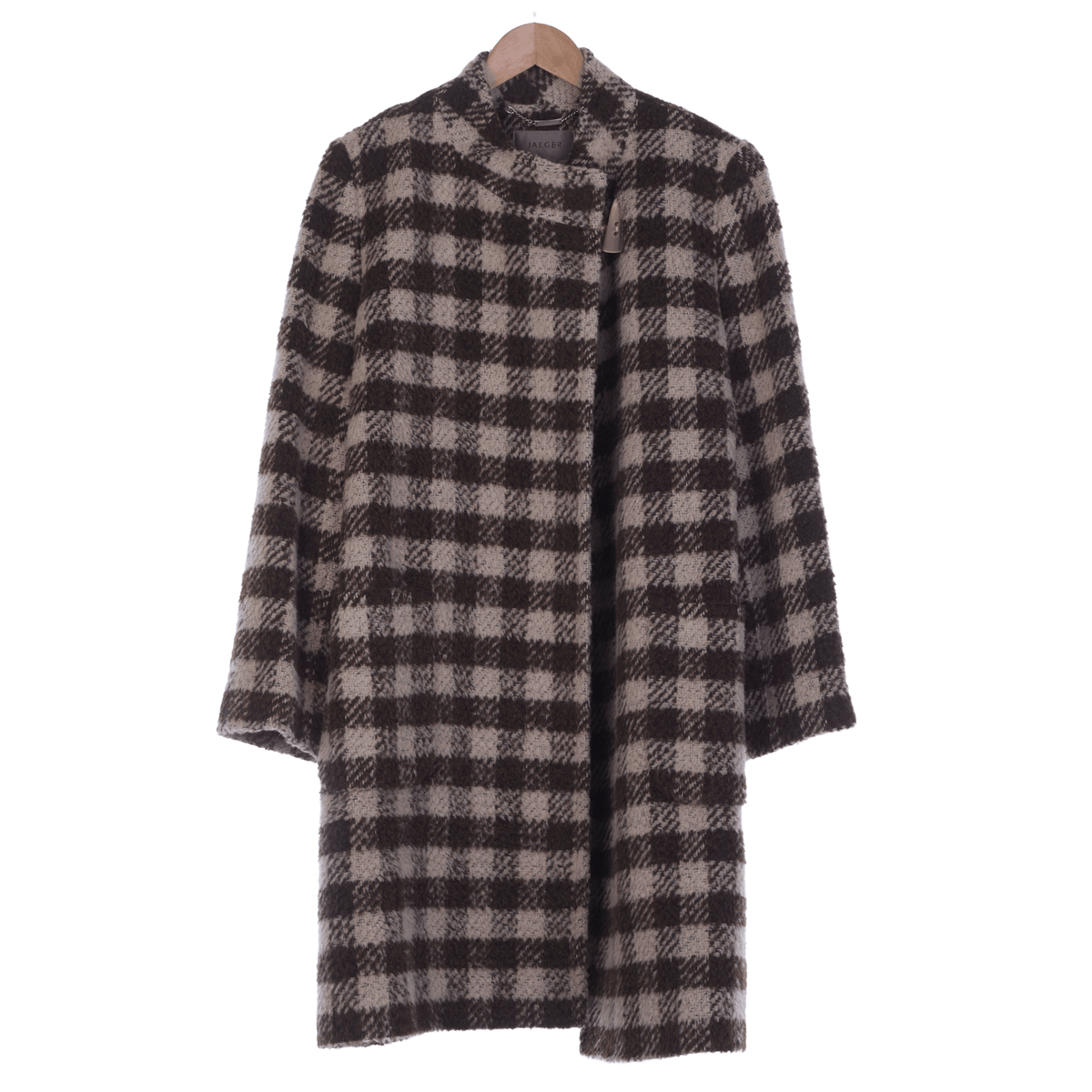 Jaegar Wool & Alpaca Brown & Cream Checked Long Sleeved Coat UK Size 14. - Ava & Iva