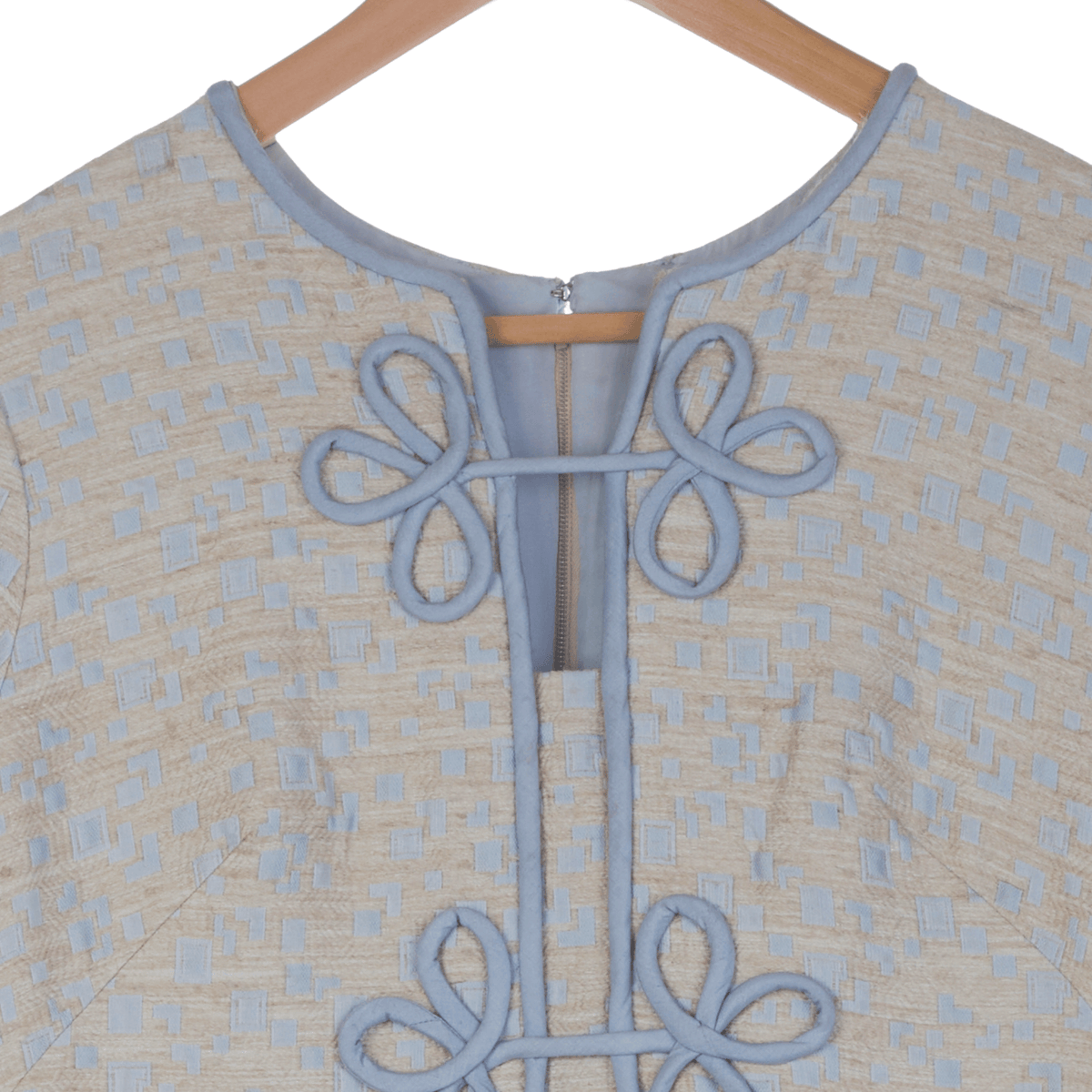 Vintage Cream and Pale Blue Capped Sleeved Dress UK Size 8 - Ava & Iva