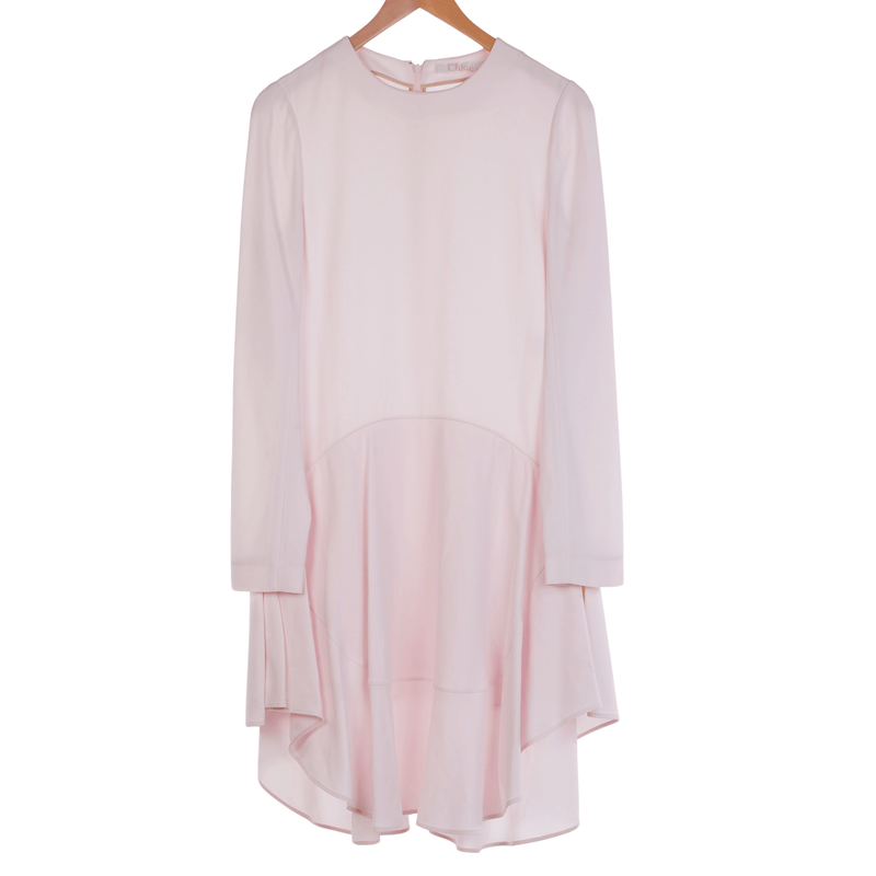 Chloe Designer Crepe Long Sleeve Flounce Short Dress Pale Pink UK Size 10 - Ava & Iva