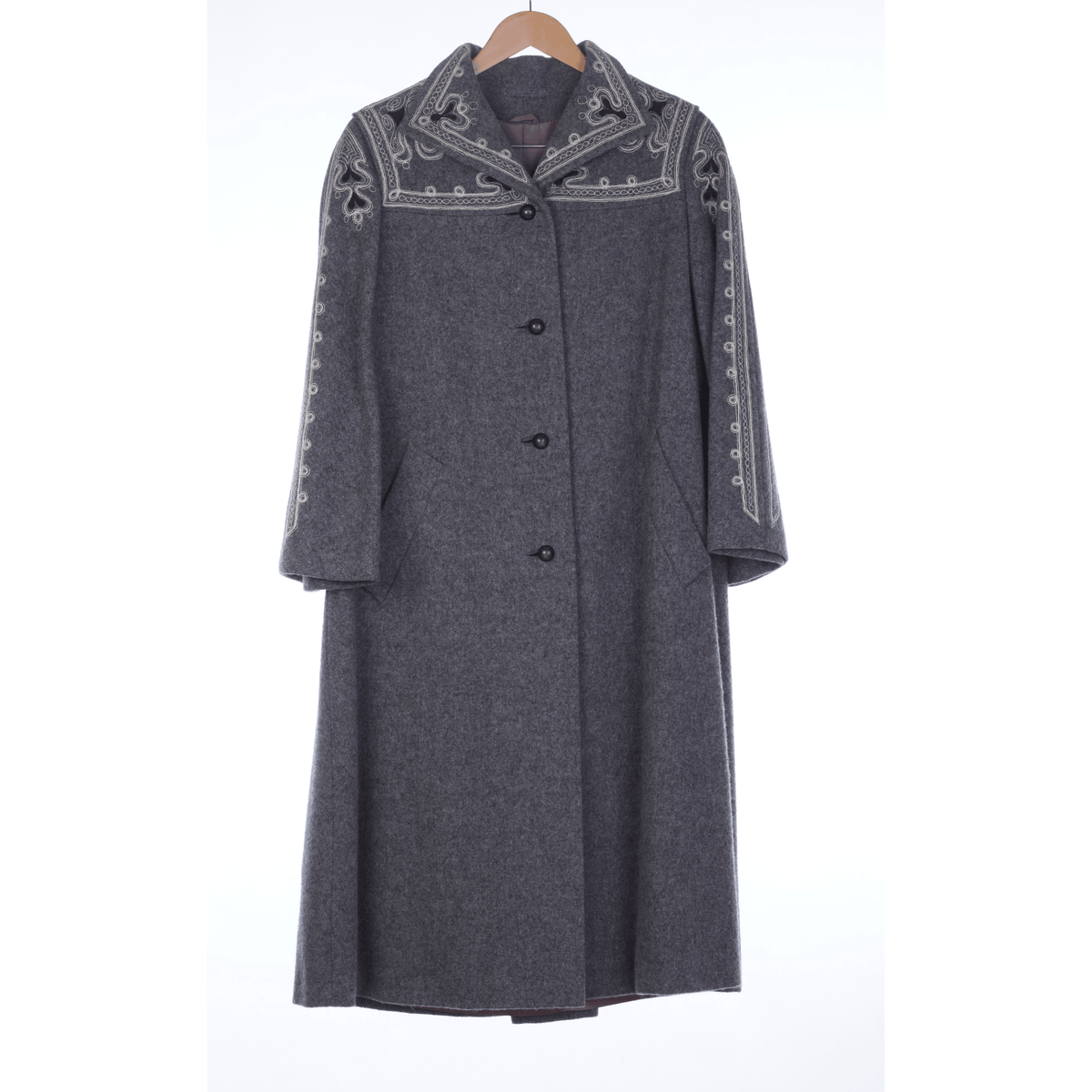 Cojana Wool Grey Embroidered Long Sleeved Coat UK Size 16. - Ava & Iva
