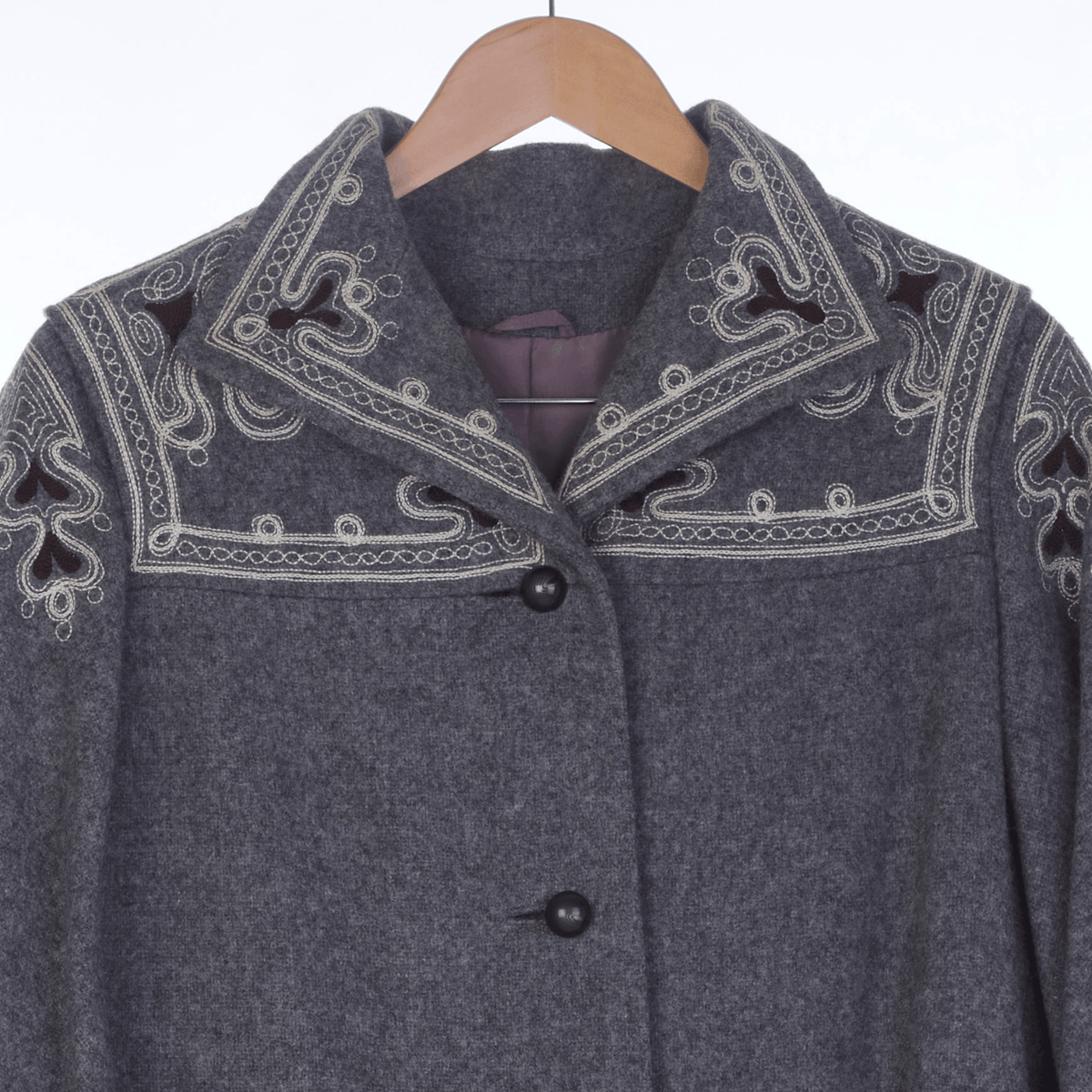 Cojana Wool Grey Embroidered Long Sleeved Coat UK Size 16. - Ava & Iva