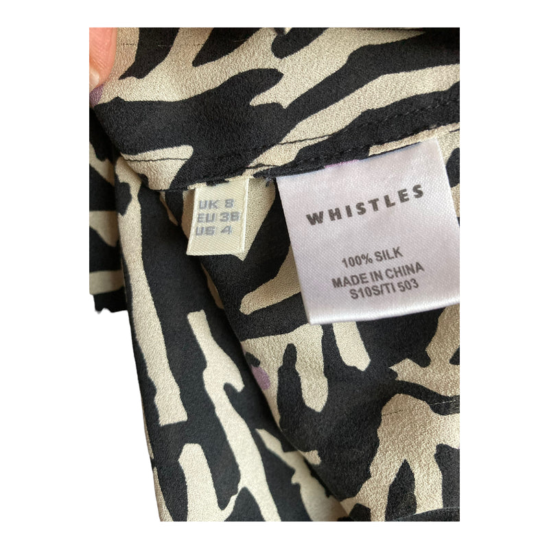 Whistles Silk Short Sleeved Black & Cream Patterned Top UK Size 8