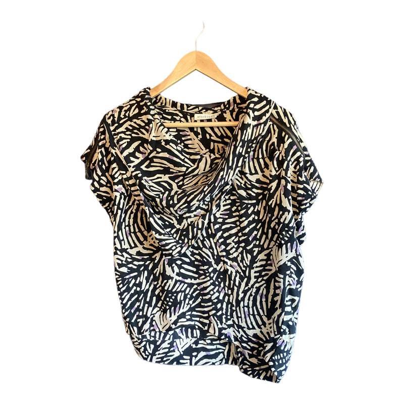 Whistles Silk Short Sleeved Black & Cream Patterned Top UK Size 8