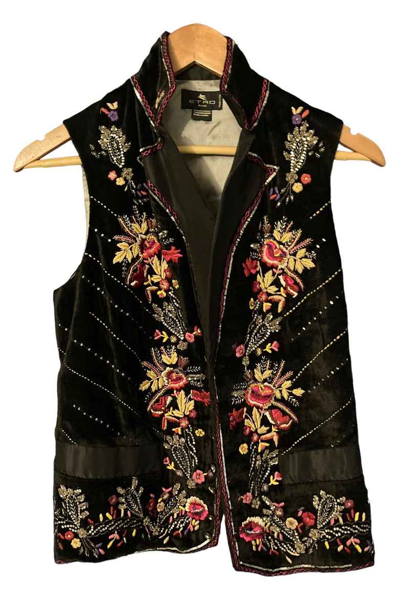 Etro Velvet Dark Brown Long Sleeved Embroidered Jacket & Matching Waistcoat UK Size 8 - Ava & Iva