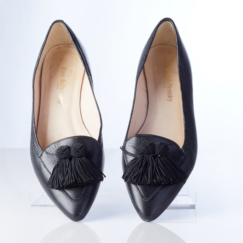 Russell and Bromley Black Flats with Tassle Decoration Size 41