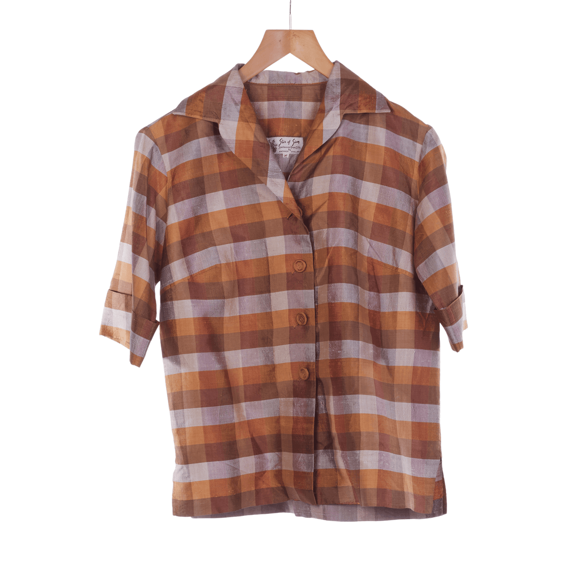 Star of Siam Handwoven Silk Short Sleeved Rust & Cream Checked Blouse UK Size 12/14 - Ava & Iva