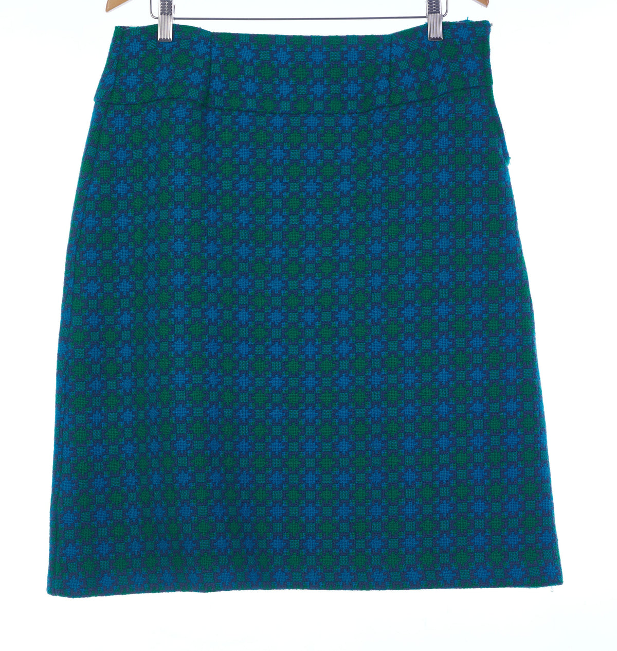 Welsh Wool Vintage Geometric Pattern Skirt Green and Blue UK Size 16 - Ava & Iva