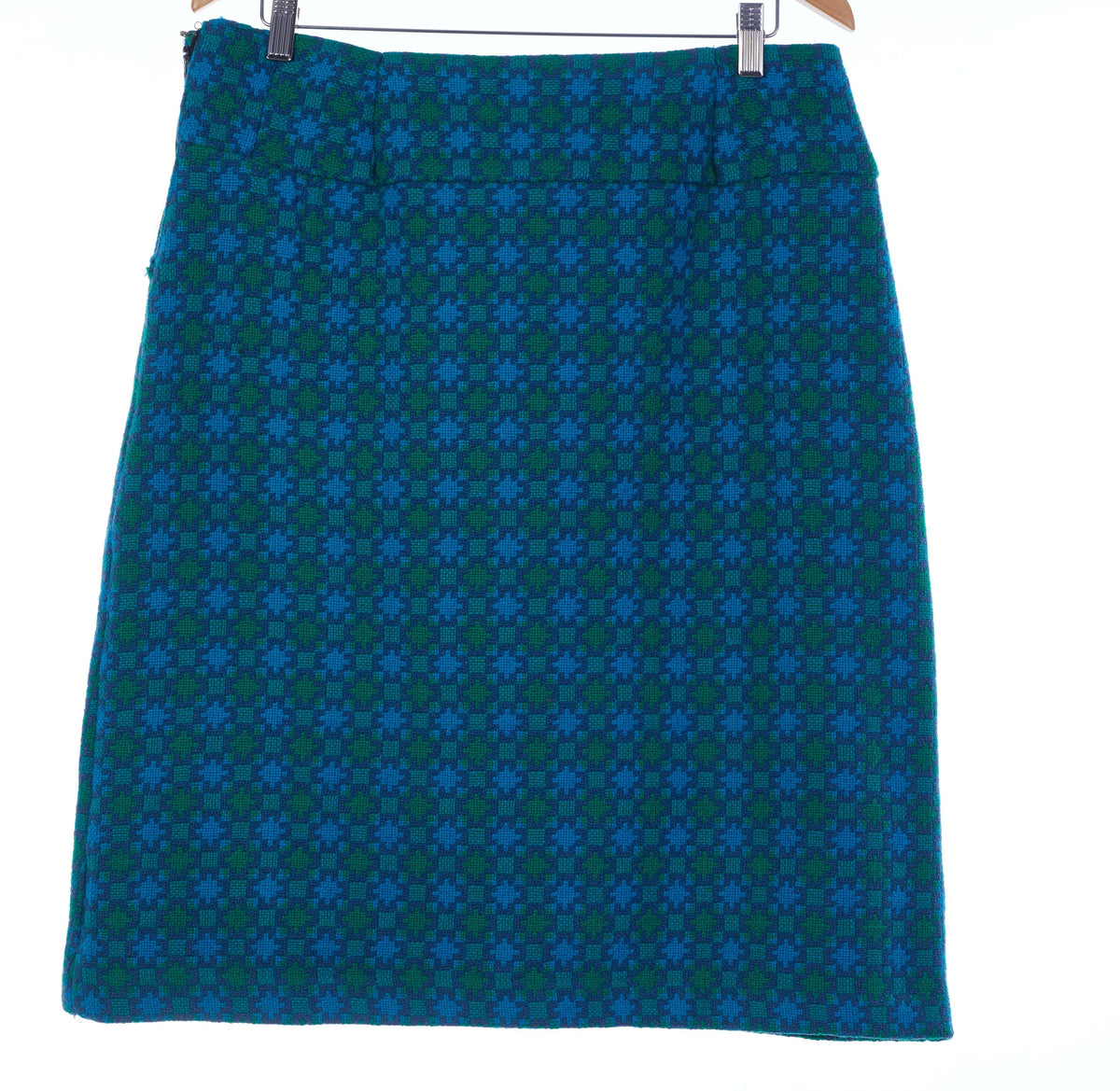 Welsh Wool Vintage Geometric Pattern Skirt Green and Blue UK Size 16 - Ava & Iva
