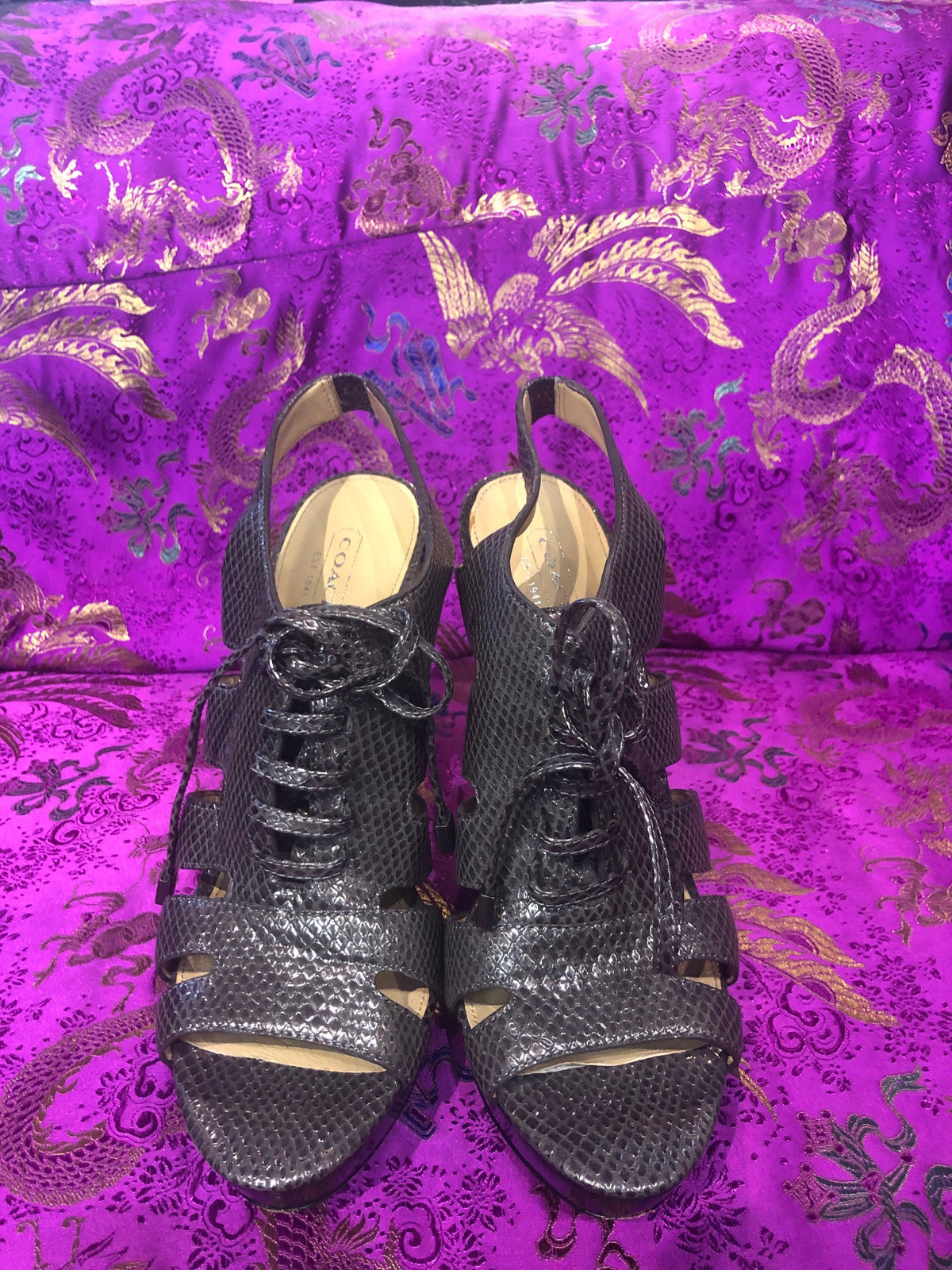 Coach metallic pewter shoe open toe sling back with lace front detail UK size 8B - Ava & Iva