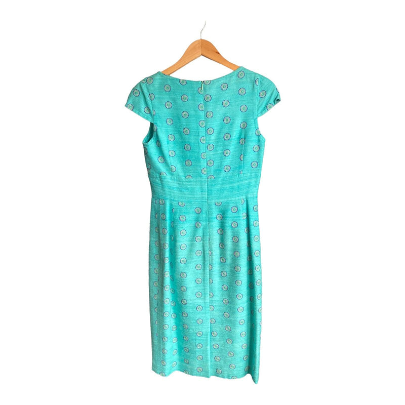 Lalage Beaumont Silk Turquoise Patterned Cap Sleeved Dress UK Size 8 And Matching Long Sleeved Jacket UK Size 10. - Ava & Iva