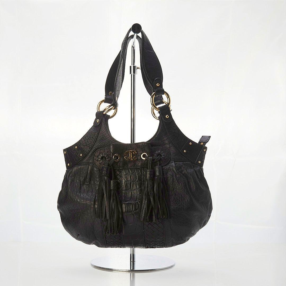 Just Cavalli Black Leather Shoulder Bag. Mock Croc Pattern Detail and Tassles - Ava & Iva