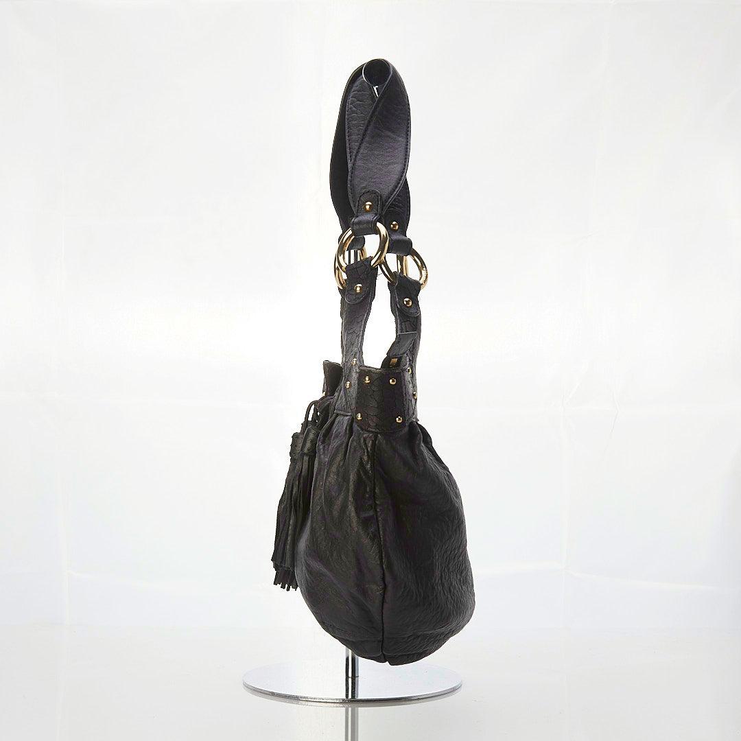 Just Cavalli Black Leather Shoulder Bag. Mock Croc Pattern Detail and Tassles - Ava & Iva