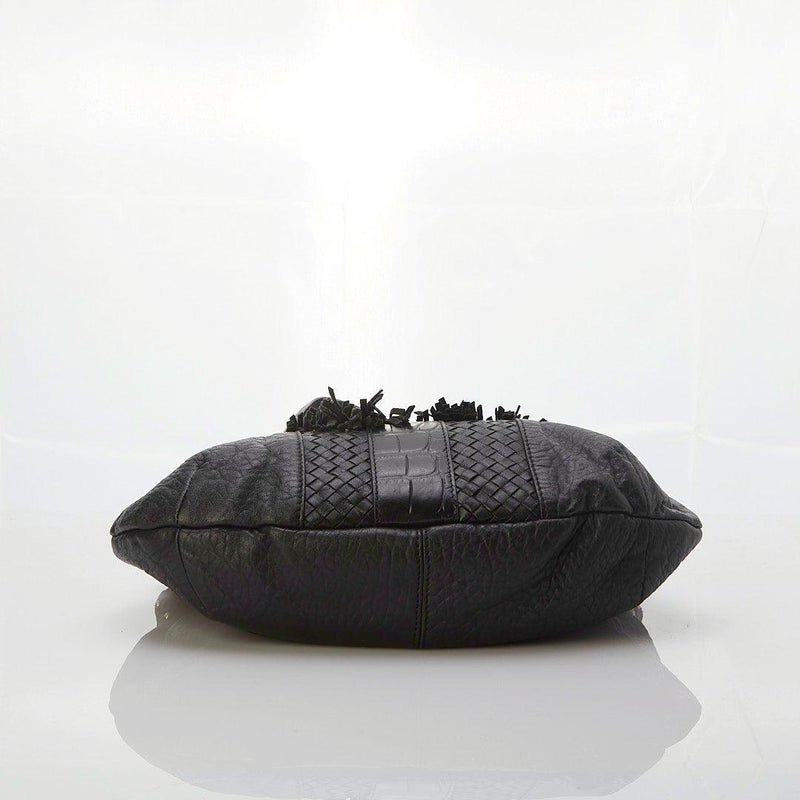 Just Cavalli Black Leather Shoulder Bag. Mock Croc Pattern Detail and Tassles - Ava & Iva