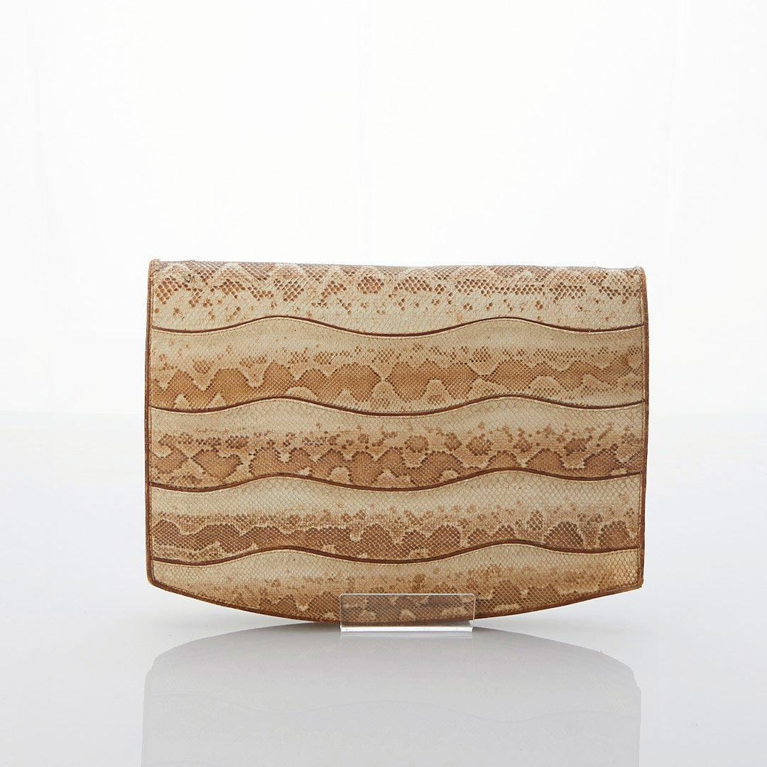 Vintage Leather Cream & Brown Snakeskin Clutch Bag - Ava & Iva