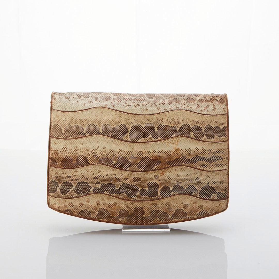 Vintage Leather Cream & Brown Snakeskin Clutch Bag - Ava & Iva