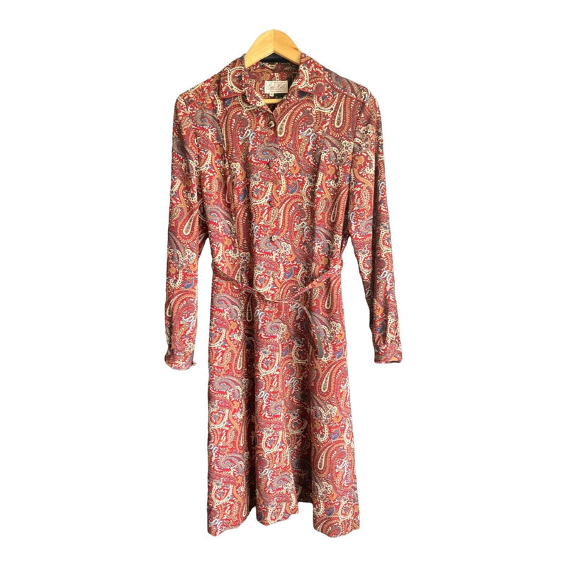 Vintage Eric Hill Wool Burgundy Paisley Pattern Long Sleeved Dress UK Size 14 - Ava & Iva