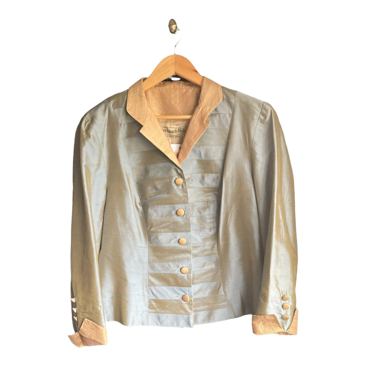 Jenny Edwards-Moss Silk Skirt Suit Blue And Gold Long Sleeved Jacket UK Size 16 - Ava & Iva