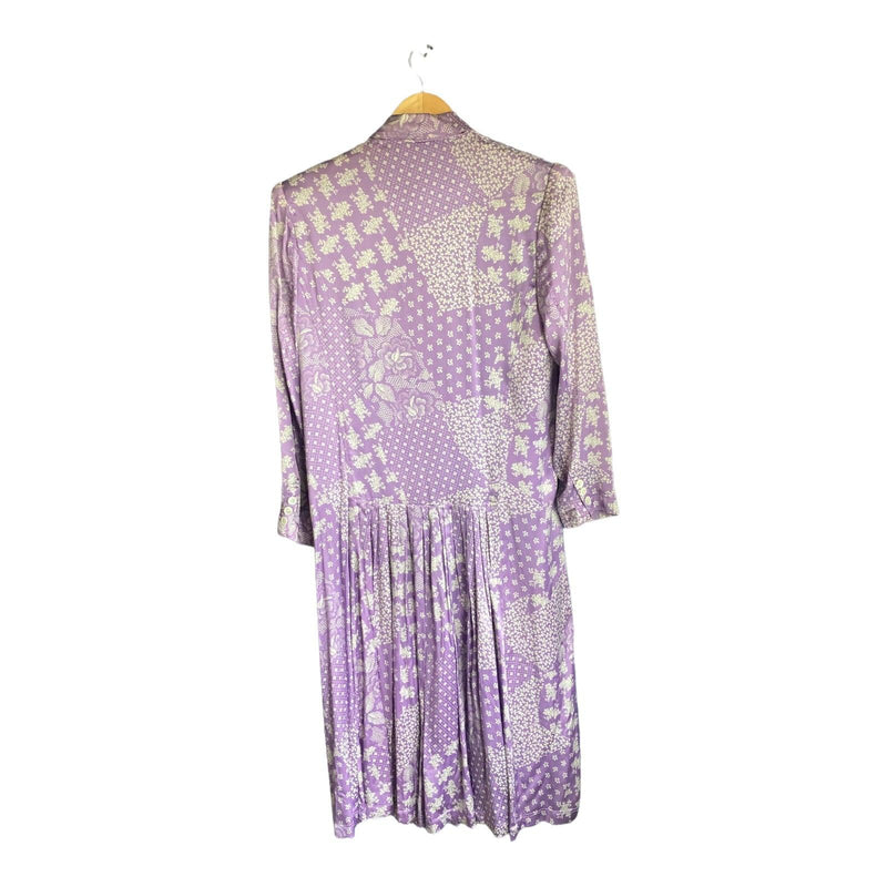 Vintage Roland Klien Silk Lilac And Cream Patterned Long Sleeved Dress UK Size 10 - Ava & Iva