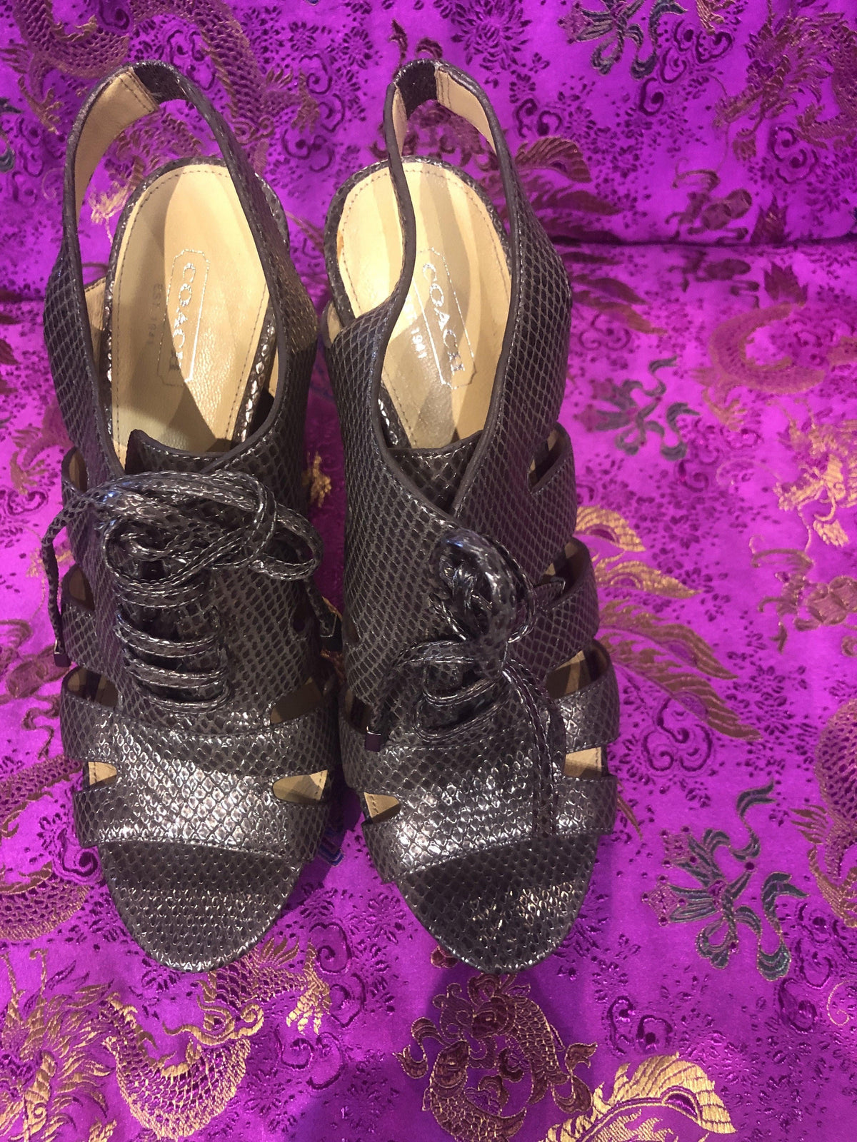 Coach metallic pewter shoe open toe sling back with lace front detail UK size 8B - Ava & Iva