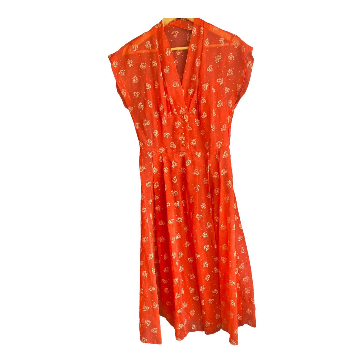 Vintage Red And Cream Floral Patterned Sleeveless Dress UK Size 14 - Ava & Iva