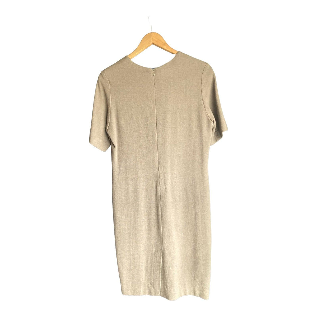 Vintage Jean Muir Wool Taupe Short Sleeved Dress UK Size 10 - Ava & Iva