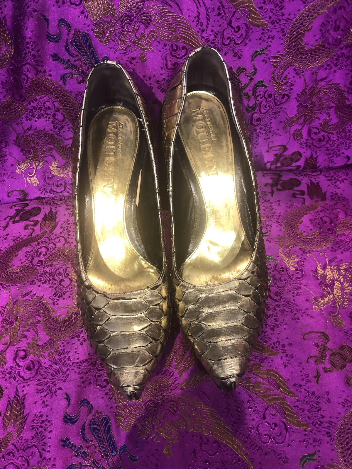 Alexander McQueen gold python effect leather heels size 39.5 - Ava & Iva