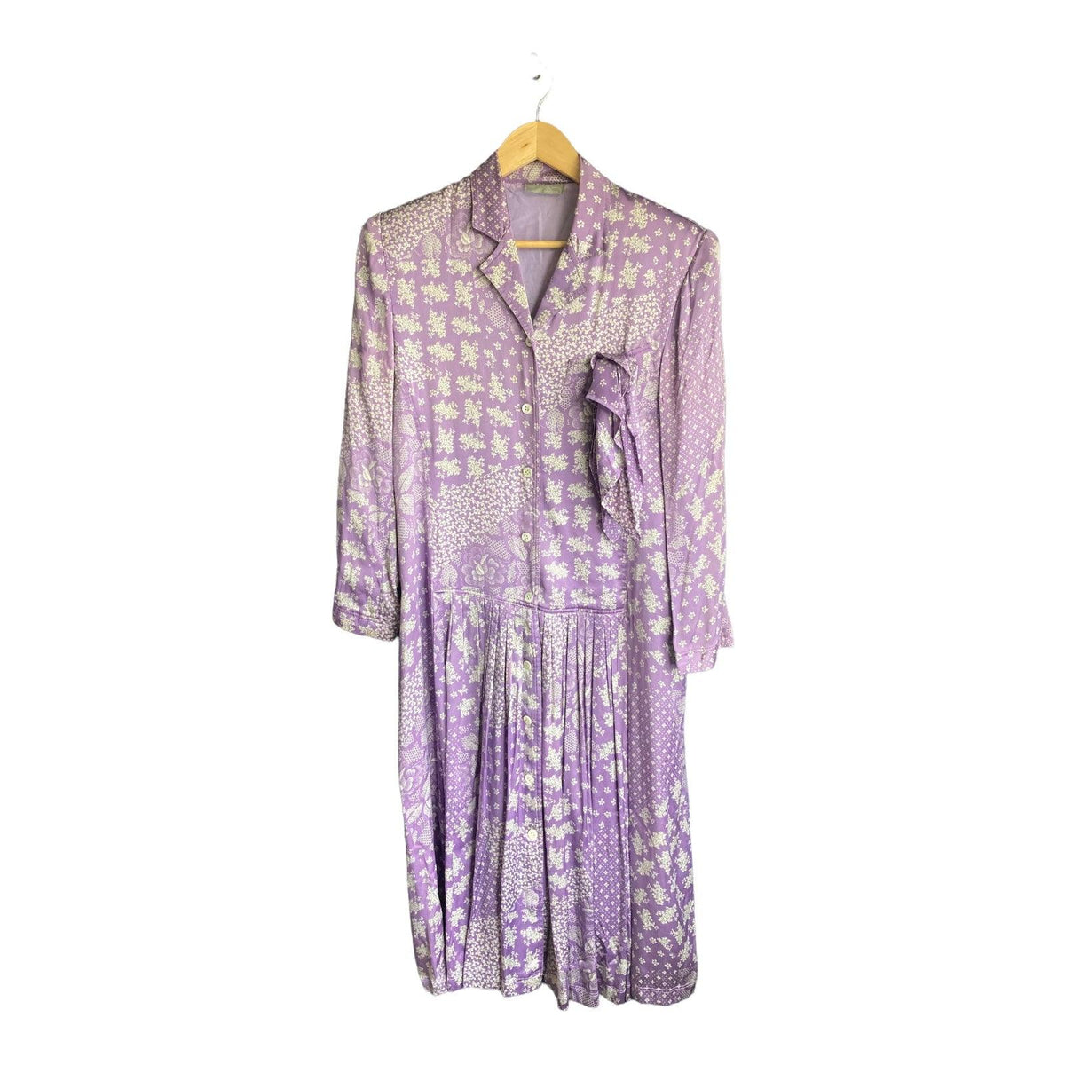 Vintage Roland Klien Silk Lilac And Cream Patterned Long Sleeved Dress UK Size 10 - Ava & Iva