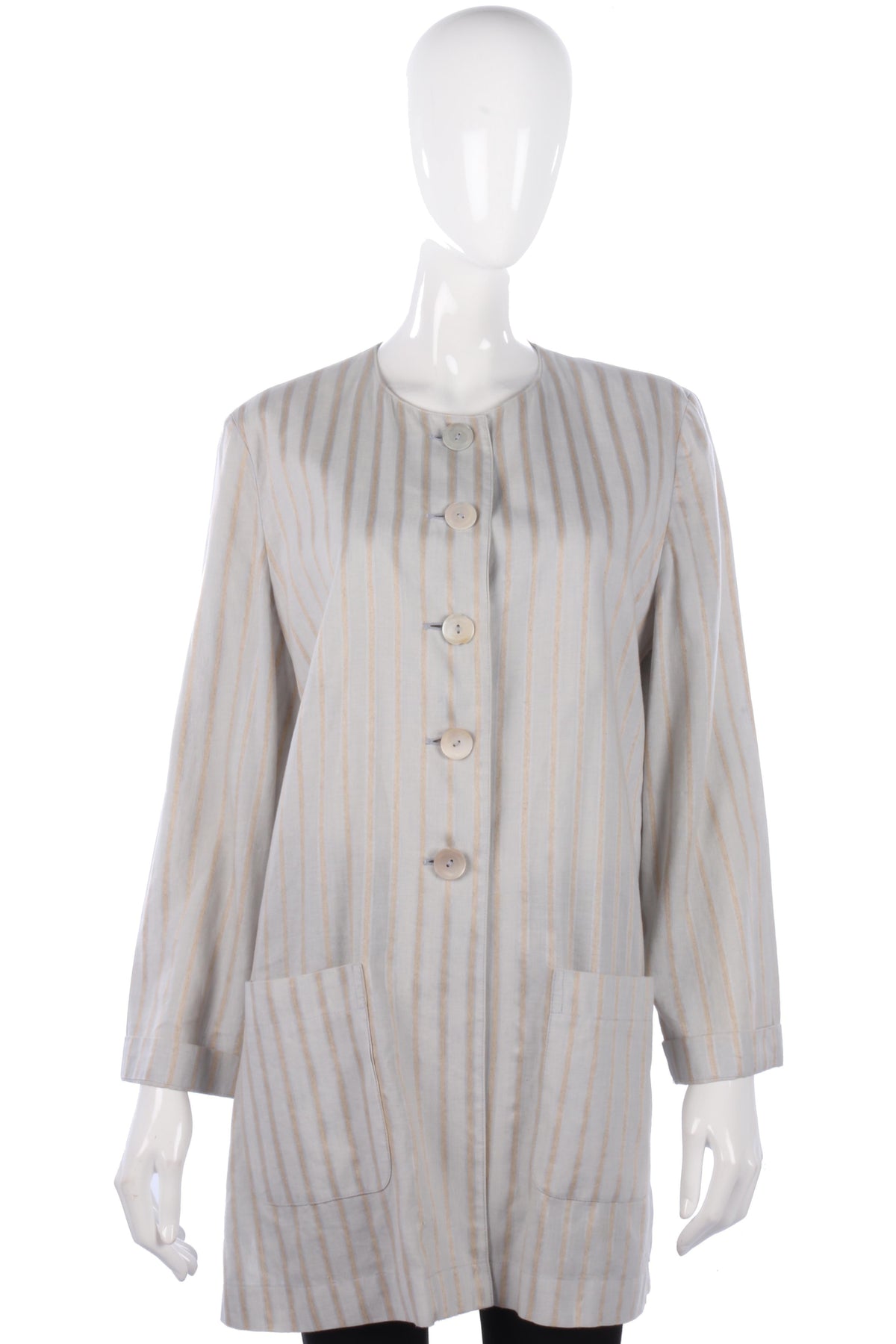 Jaeger Long Jacket Linen Grey and Gold Striped Size 14 - Ava & Iva