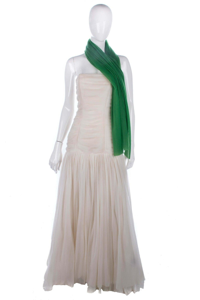 Vintage Long Strapless Evening Dress Pleated Ivory with Green Scarf Size 10 - Ava & Iva