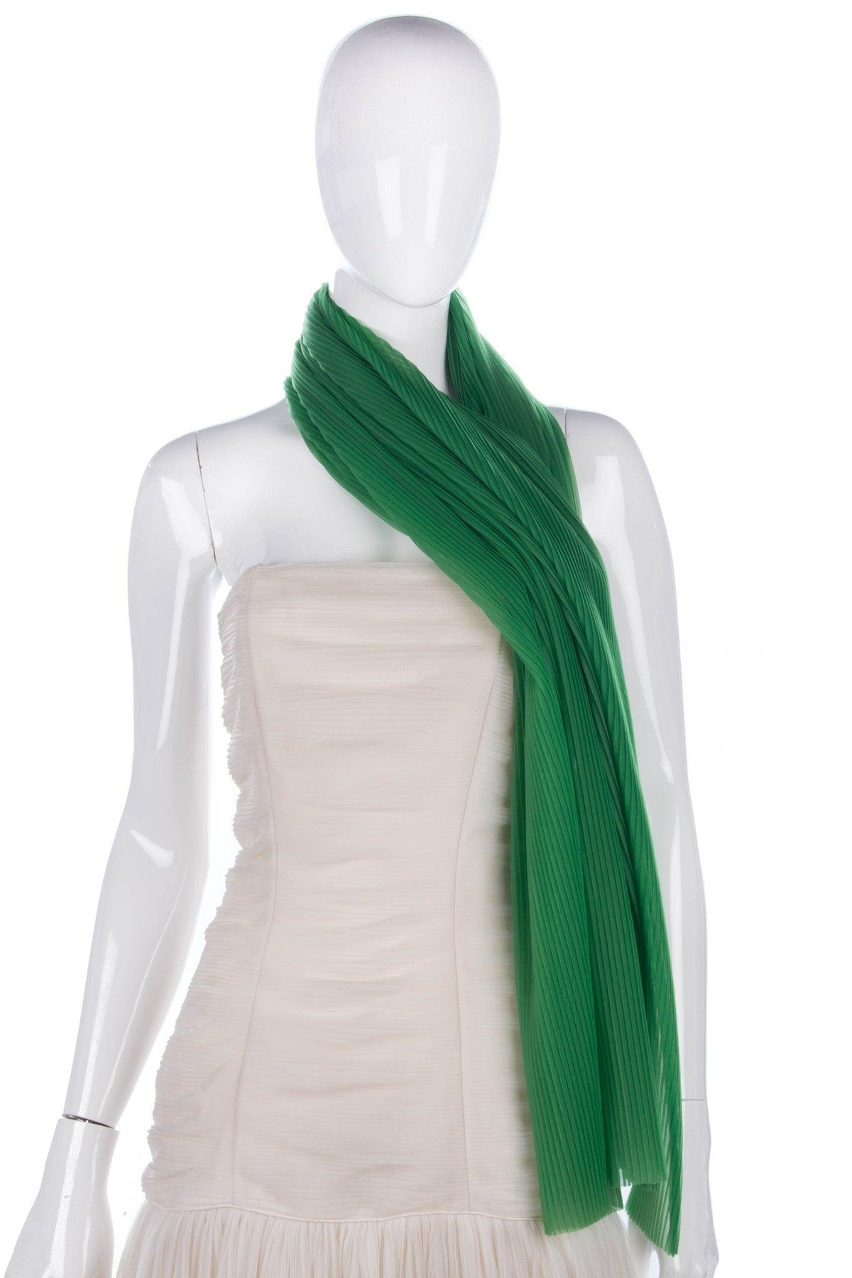 Vintage Long Strapless Evening Dress Pleated Ivory with Green Scarf Size 10 - Ava & Iva