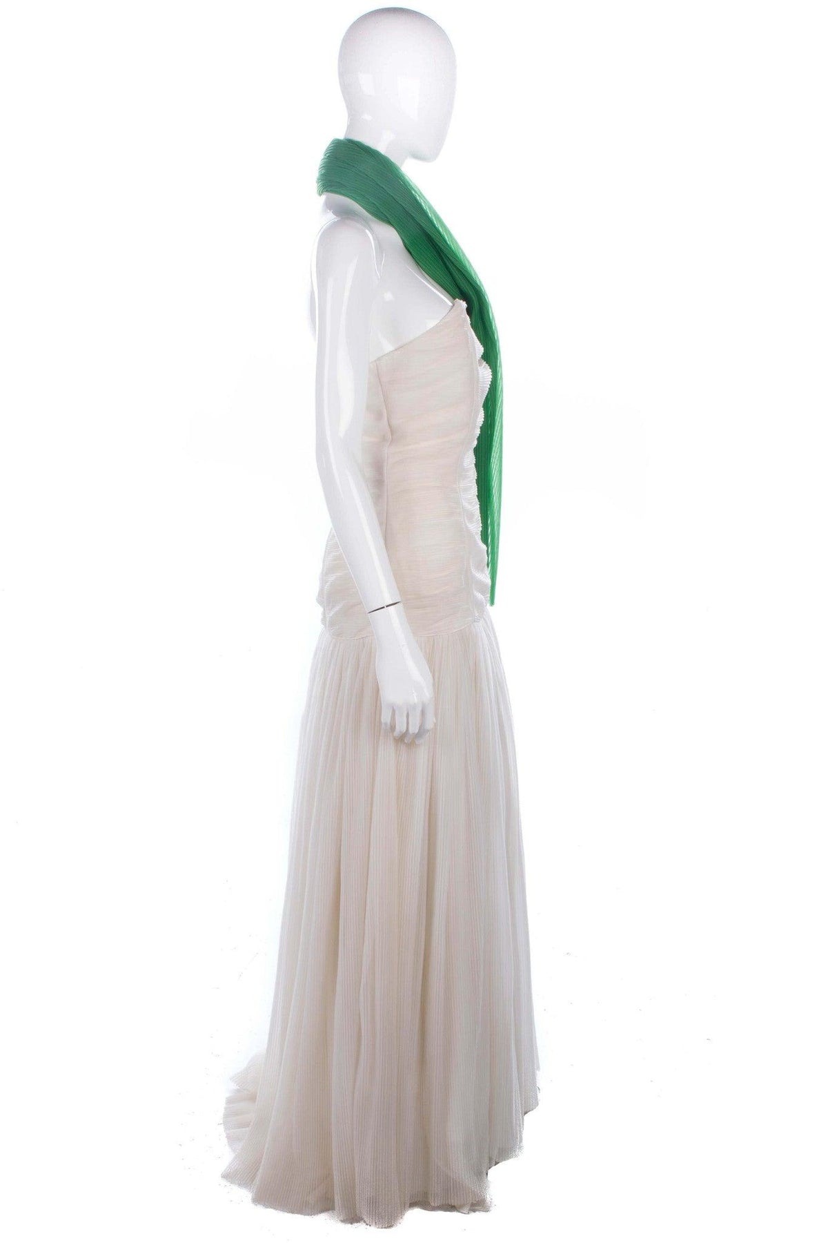 Vintage Long Strapless Evening Dress Pleated Ivory with Green Scarf Size 10 - Ava & Iva