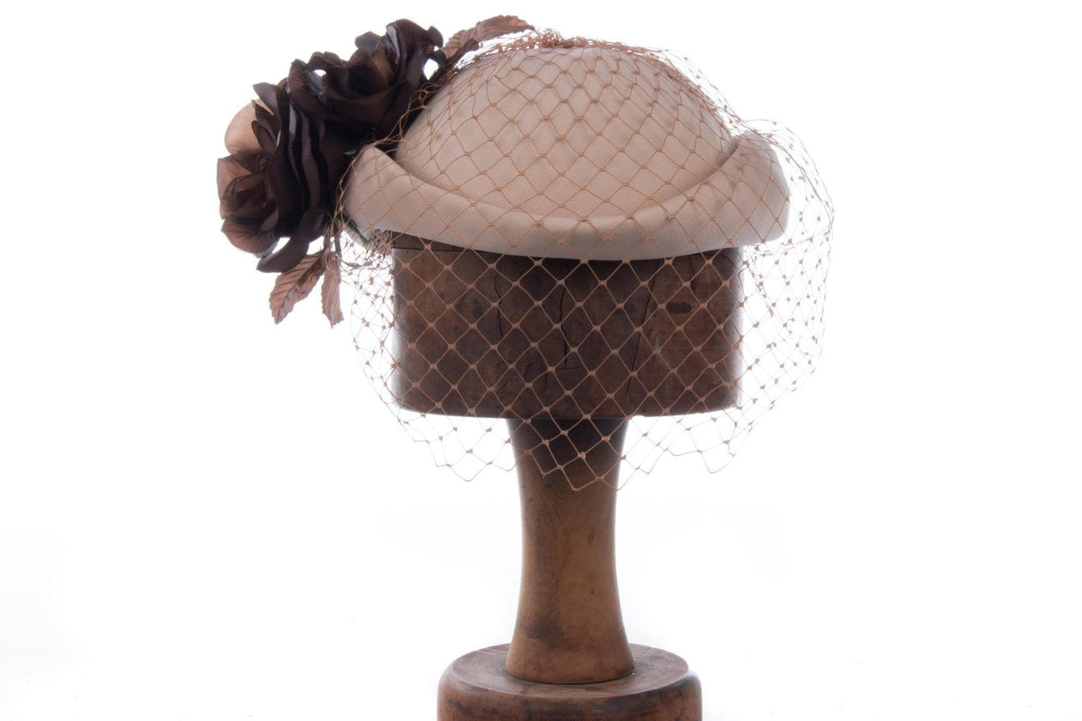 Vintage Pillbox Style Hat Cream Base with Netting and Brown Material Flowers 54cm - Ava & Iva