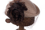 Vintage Pillbox Style Hat Cream Base with Netting and Brown Material Flowers 54cm - Ava & Iva