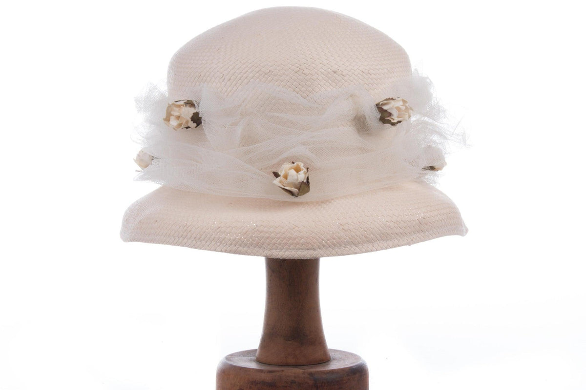 Vintage White Summer Wedding Hat with Netting and Flowers 55cm - Ava & Iva