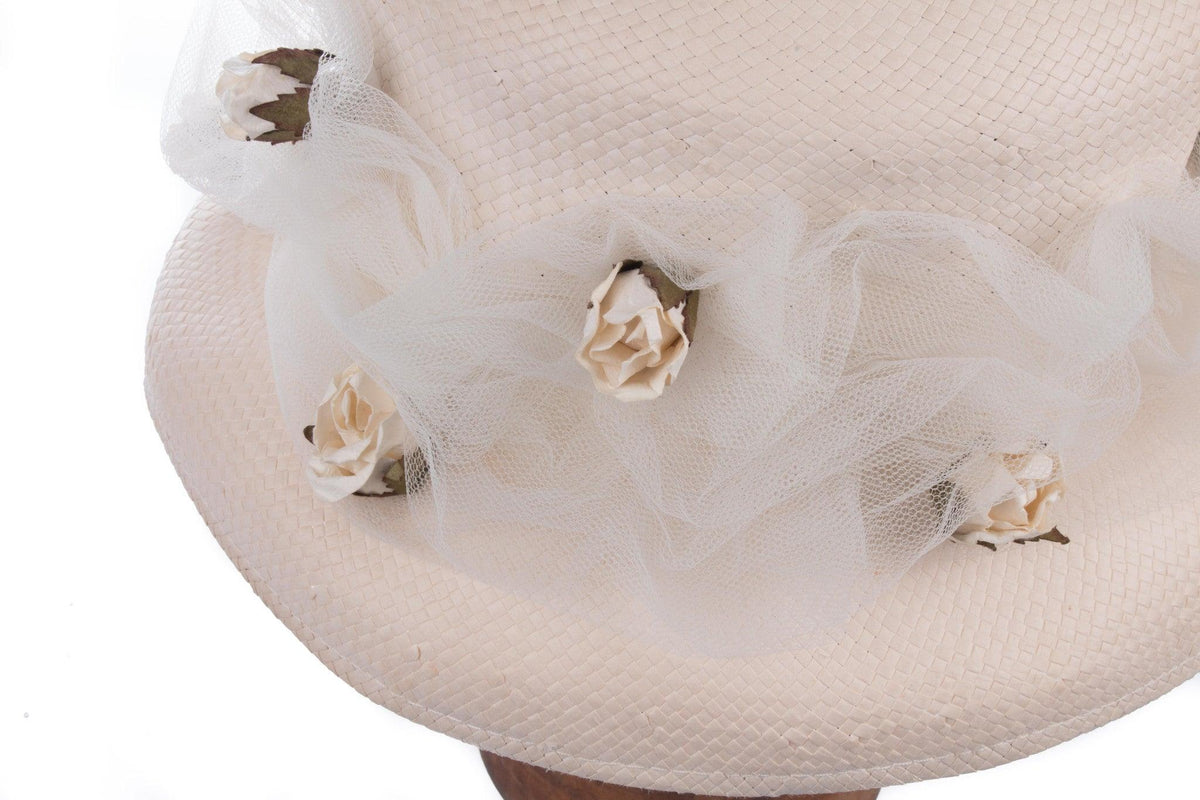 Vintage White Summer Wedding Hat with Netting and Flowers 55cm - Ava & Iva
