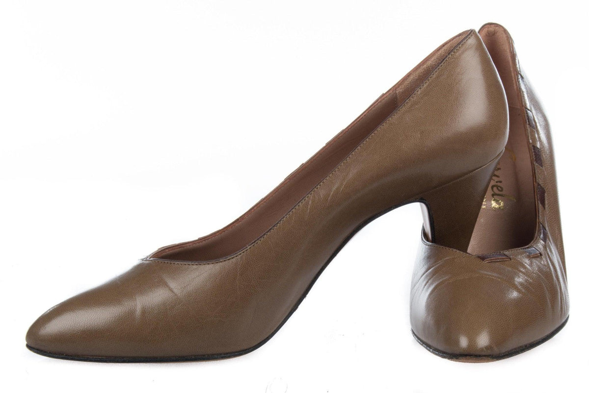 Carvela Vintage Leather Heels Taupe with Dark Brown Edging Size 38 (UK 5) - Ava & Iva