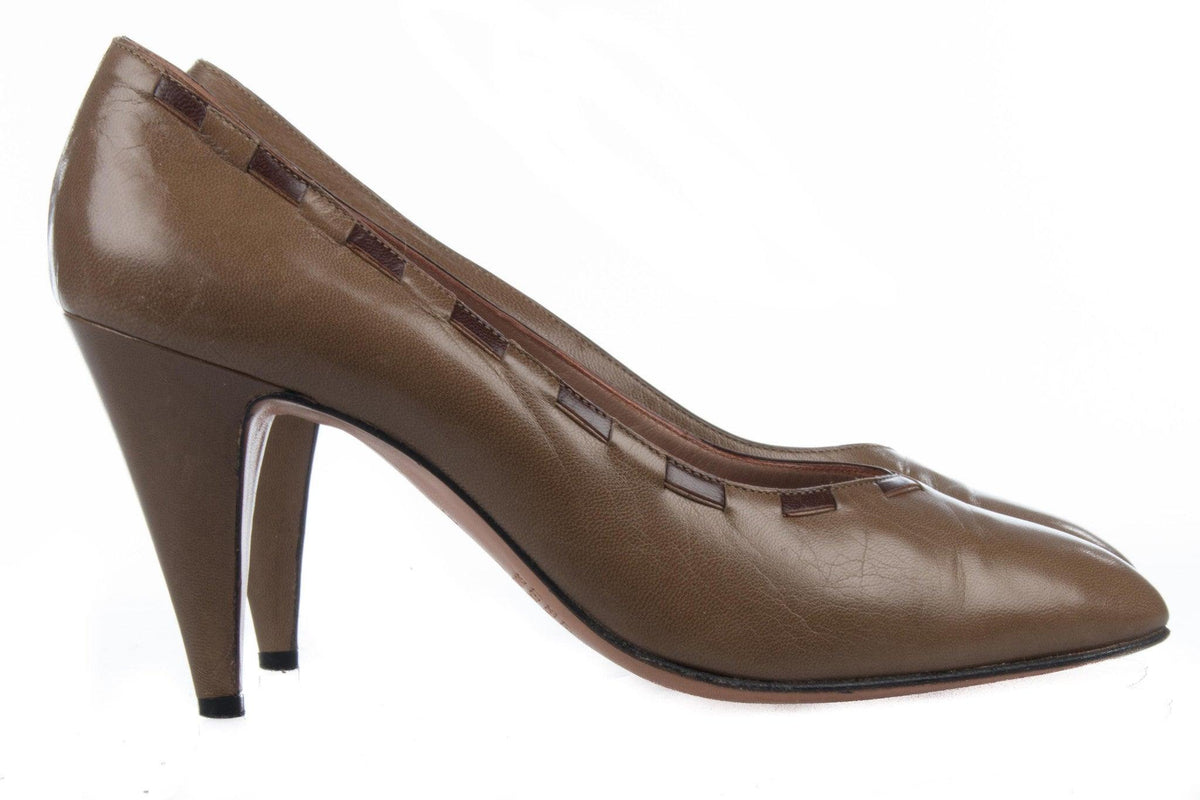 Carvela Vintage Leather Heels Taupe with Dark Brown Edging Size 38 (UK 5) - Ava & Iva