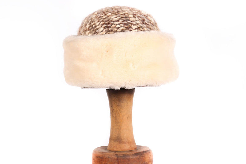 Tweed and cream fur hat
