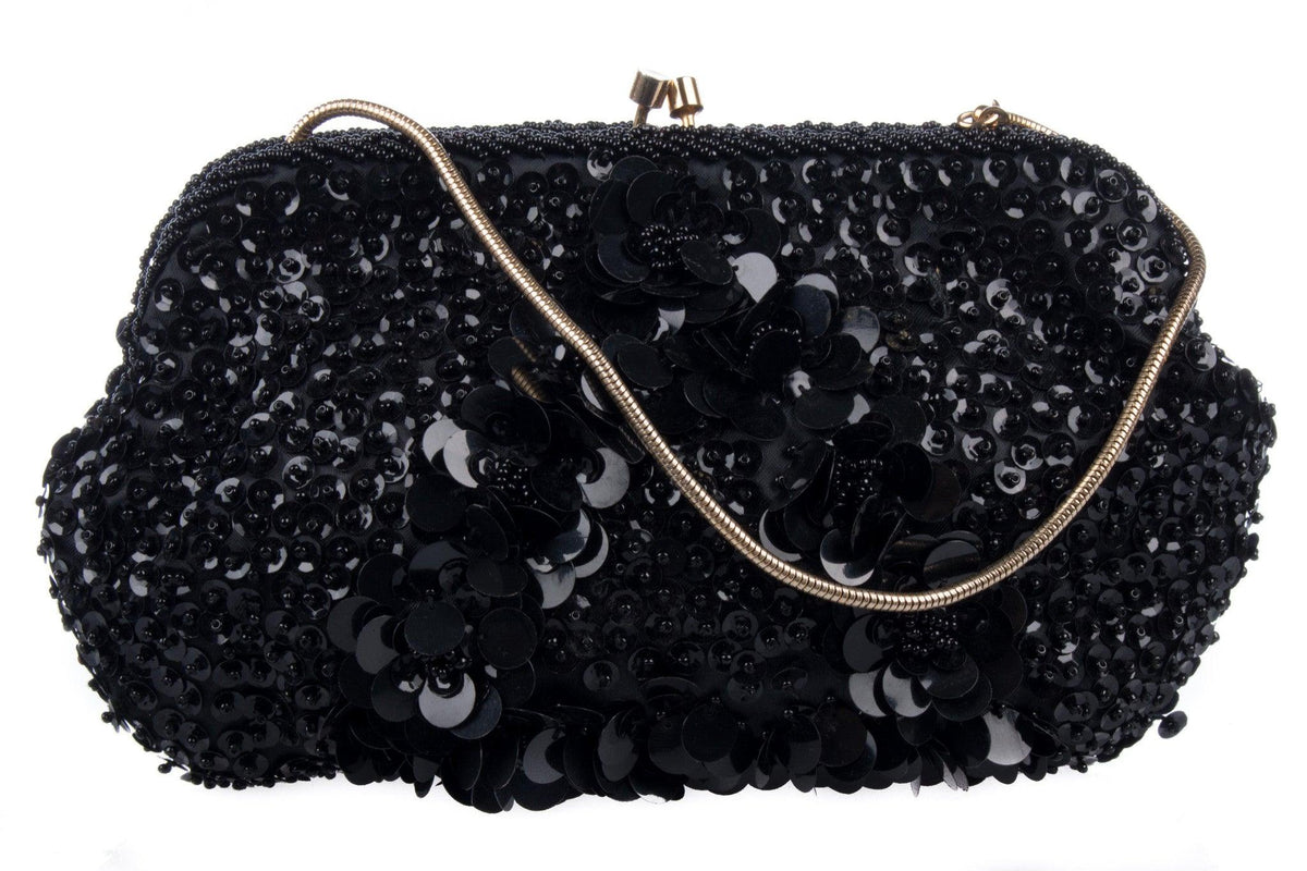 Vintage Black Sequin Evening Bag/Purse with Gold Chain - Ava & Iva